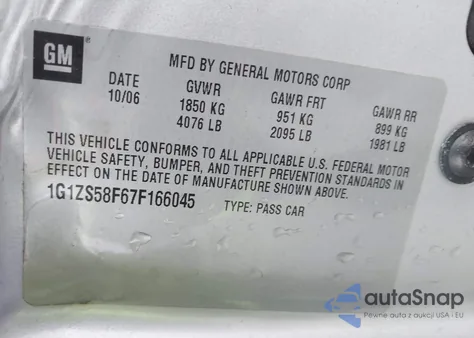 2007 Chevrolet Malibu Ls z USA, uszkodzony, nr VIN 1G1ZS58F67F166045